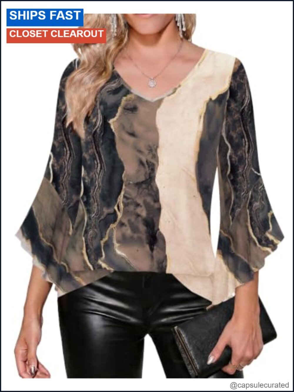 Zeagoo Women's Sequin V-Neck Blouse 3/4 Ruffle Sleeve Double Layers Mesh Tunic